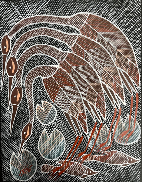 #79 Brolgas at the Billabong  - EDDIE BLITNER Aboriginal Art :  42cm x 54cm