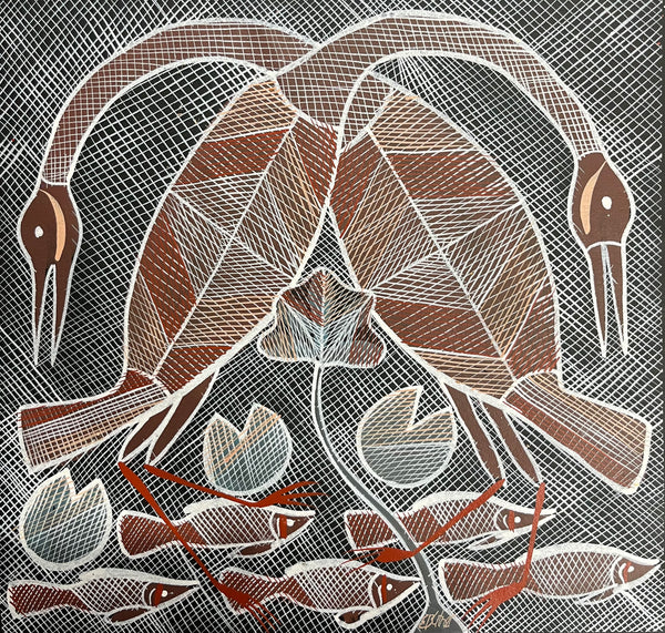 #99 Brolgas at the Billabong  - EDDIE BLITNER Aboriginal Art :  50cm x 48cm