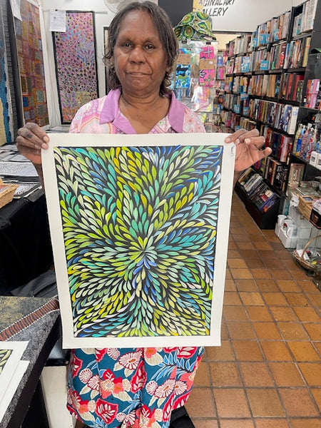 #388 Bush Medicine Leaves (Greens) - CAROLINE NUMINA : Aboriginal Art: 55cm x 40cm