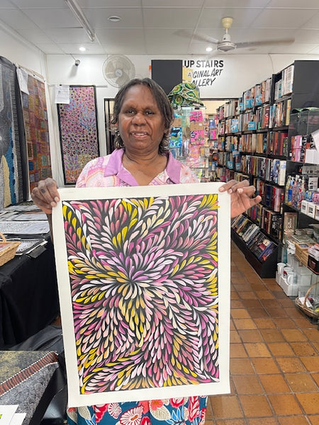 #356 Bush Medicine Leaves (Pink) - CAROLINE NUMINA : Aboriginal Art: 54cm x 55cm