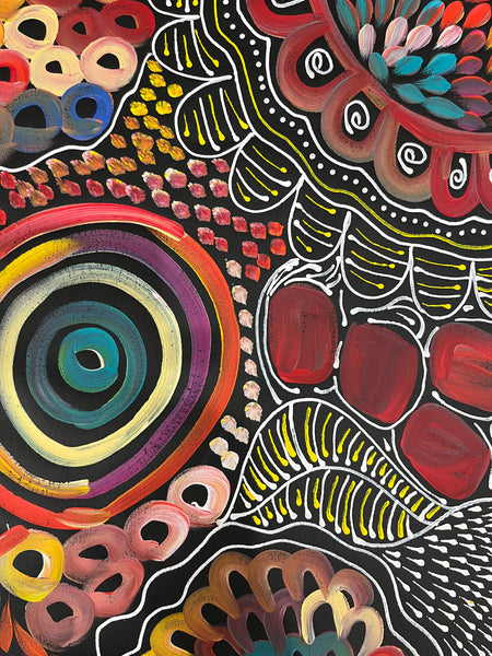 #371 My Dreamtime Stories (Multi)- LOUISE NUMINA : Aboriginal Art: 94cm x 195cm