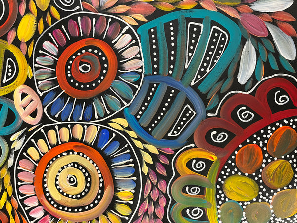 #371 My Dreamtime Stories (Multi)- LOUISE NUMINA : Aboriginal Art: 94cm x 195cm