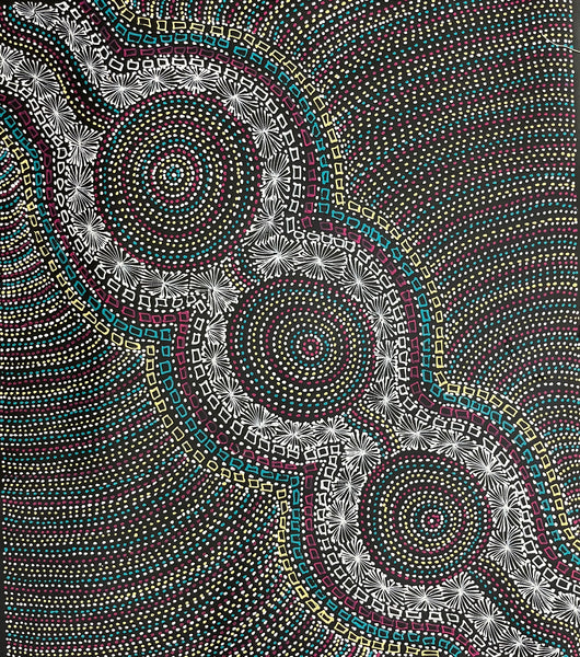 #108 Waterholes & Bush Medicine Leaves (Multi) - SELINA NUMINA Aboriginal Art:  92cm x 106cm