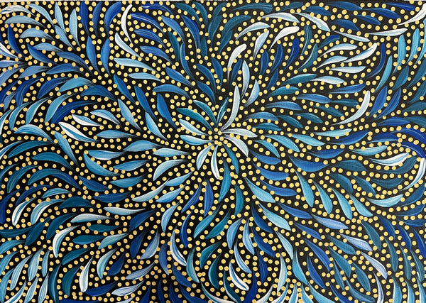 #324 Bush Medicine Leaves & Seeds (Blues) - CAROLINE NUMINA Aboriginal Art:  51cm x 36cm