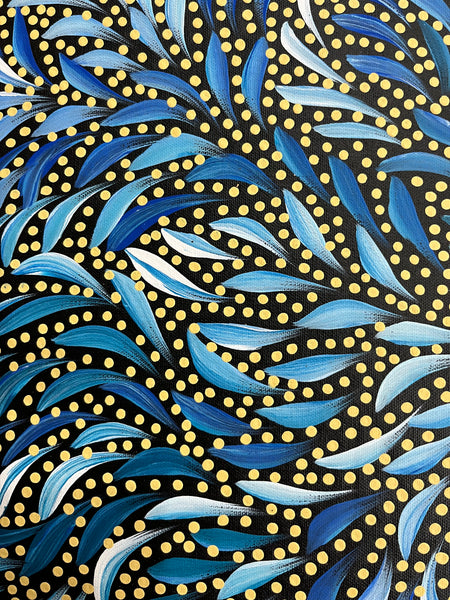 #324 Bush Medicine Leaves & Seeds (Blues) - CAROLINE NUMINA Aboriginal Art:  51cm x 36cm