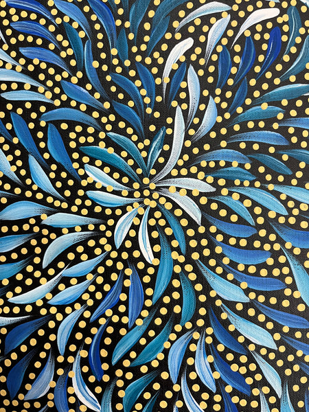 #324 Bush Medicine Leaves & Seeds (Blues) - CAROLINE NUMINA Aboriginal Art:  51cm x 36cm