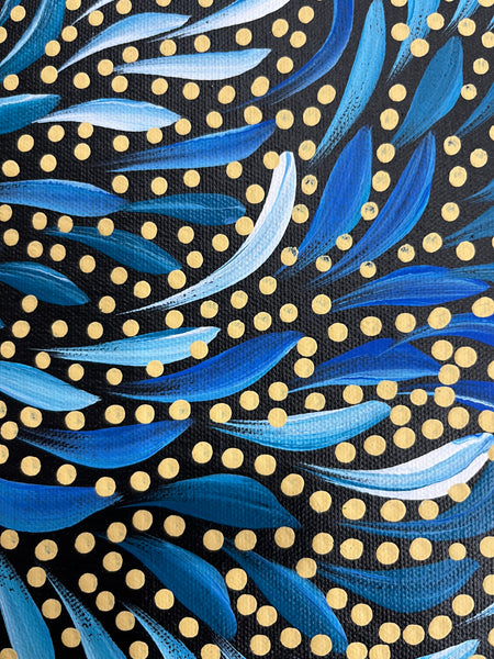 #324 Bush Medicine Leaves & Seeds (Blues) - CAROLINE NUMINA Aboriginal Art:  51cm x 36cm
