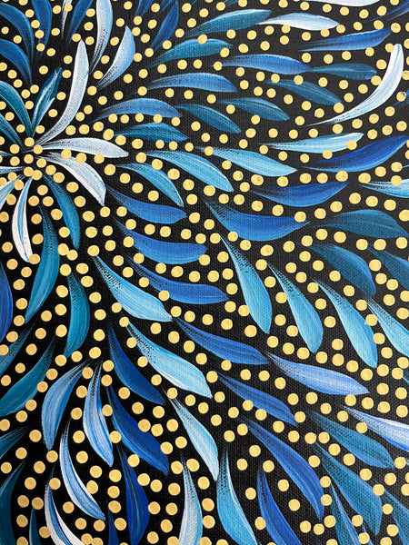 #324 Bush Medicine Leaves & Seeds (Blues) - CAROLINE NUMINA Aboriginal Art:  51cm x 36cm