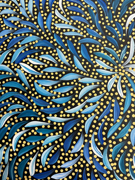 #324 Bush Medicine Leaves & Seeds (Blues) - CAROLINE NUMINA Aboriginal Art:  51cm x 36cm