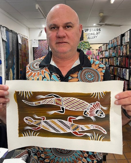 #404 Frilled Neck Lizard & Goanna - PHILIP HARRIS (RAMUNDI) Aboriginal Art: 33cm x 18cm