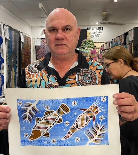 #292 Barramundi & Catfish - PHILIP HARRIS (RAMUNDI) Aboriginal Art: 32cm x 18cm
