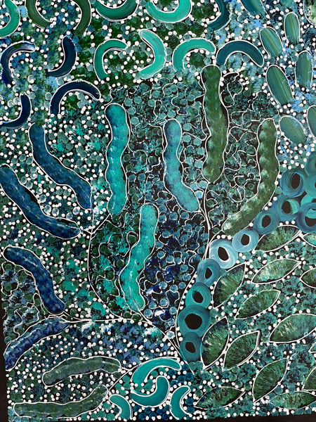 #74 Bush Yam Dreaming (Blues)- RACHAEL NAMBULA: Aboriginal Art: 150cm x 89cm