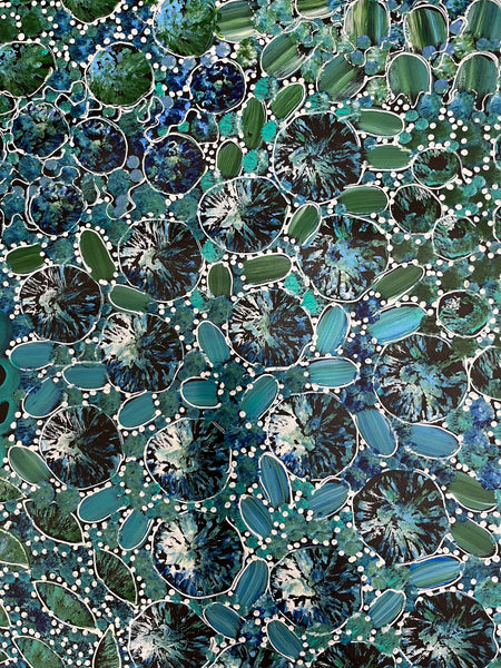 #74 Bush Yam Dreaming (Blues)- RACHAEL NAMBULA: Aboriginal Art: 150cm x 89cm