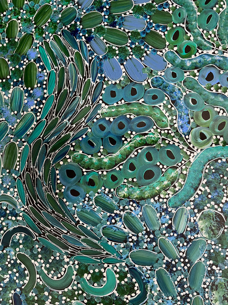 #74 Bush Yam Dreaming (Blues)- RACHAEL NAMBULA: Aboriginal Art: 150cm x 89cm