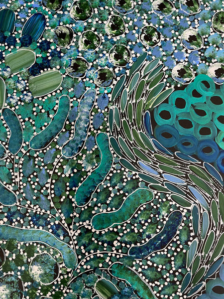 #74 Bush Yam Dreaming (Blues)- RACHAEL NAMBULA: Aboriginal Art: 150cm x 89cm
