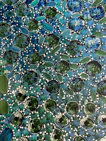#74 Bush Yam Dreaming (Blues)- RACHAEL NAMBULA: Aboriginal Art: 150cm x 89cm