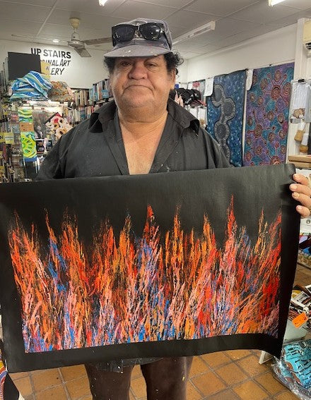 #209 Bush Fire Dreaming - REGGIE SULTAN : Desert Art 69cm x 42cm