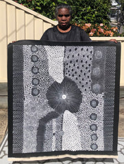 #213 Water Dreaming Ngapa (Blk/Whte) JANET LONG NAKAMARRA Aboriginal Art: 90cm x 97cm