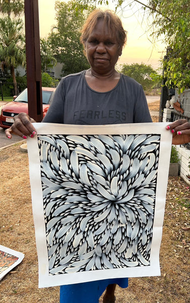 #336 Bush Medicine Leaves (White) - CAROLINE NUMINA : Aboriginal Art: 38x59cm