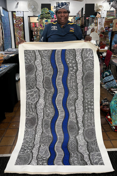 #80 My Country Dreaming (White/Blue) - SHARON NUMINA : Aboriginal Art: 88cm x 147cm