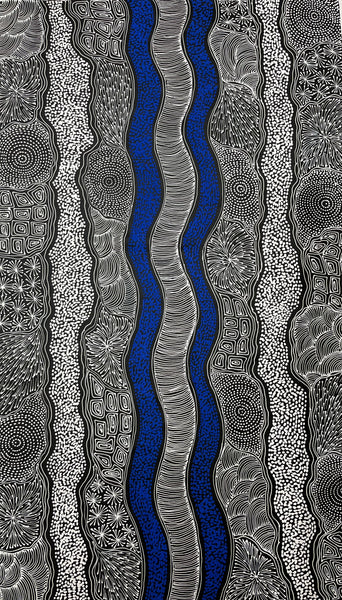 #80 My Country Dreaming (White/Blue) - SHARON NUMINA : Aboriginal Art: 88cm x 147cm