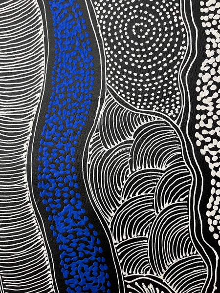 #80 My Country Dreaming (White/Blue) - SHARON NUMINA : Aboriginal Art: 88cm x 147cm