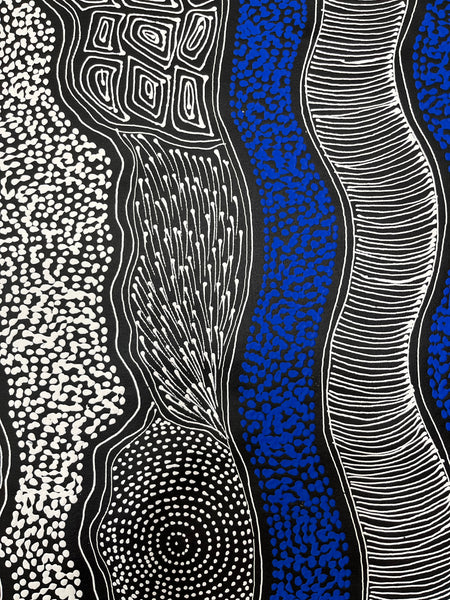 #80 My Country Dreaming (White/Blue) - SHARON NUMINA : Aboriginal Art: 88cm x 147cm
