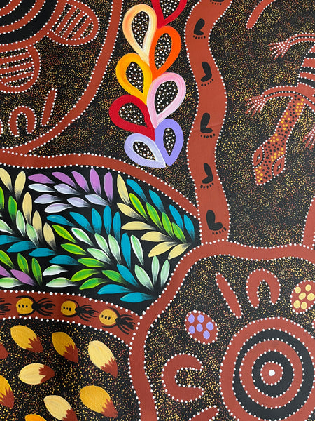 #56 Collecting Bush Tucker (Multi) - JACINTA NUMINA : Aboriginal Art: 91 x 146 cm