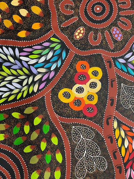 #56 Collecting Bush Tucker (Multi) - JACINTA NUMINA : Aboriginal Art: 91 x 146 cm