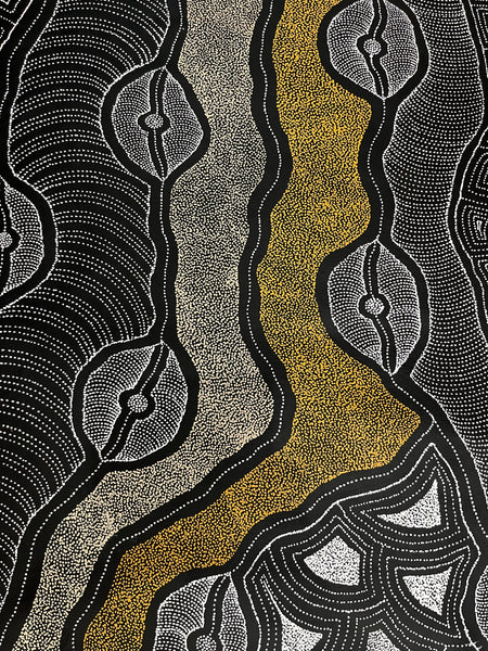 #362 My Country Dreaming (Neutrals) Aboriginal Art: DELVINE  PETYARRE:  96 x 112cm