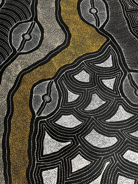 #362 My Country Dreaming (Neutrals) Aboriginal Art: DELVINE  PETYARRE:  96 x 112cm