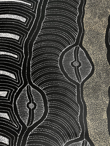 #362 My Country Dreaming (Neutrals) Aboriginal Art: DELVINE  PETYARRE:  96 x 112cm