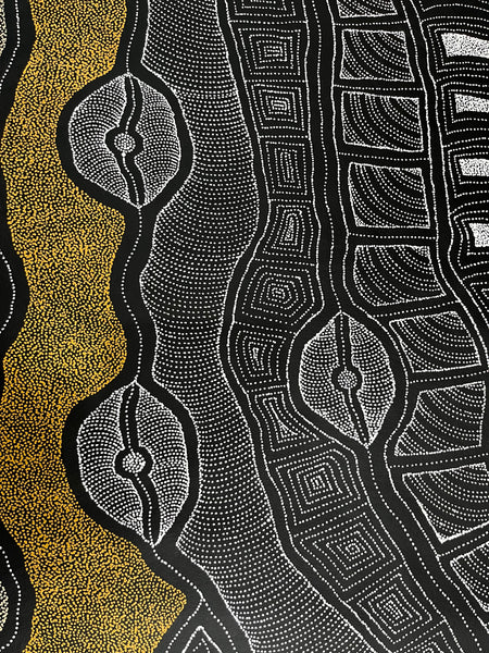 #362 My Country Dreaming (Neutrals) Aboriginal Art: DELVINE  PETYARRE:  96 x 112cm