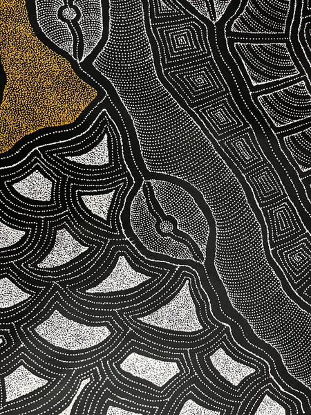 #362 My Country Dreaming (Neutrals) Aboriginal Art: DELVINE  PETYARRE:  96 x 112cm
