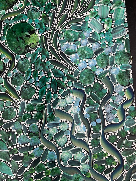 #172 Bush Yam Dreaming (Greens)- RACHAEL NAMBULA: Aboriginal Art 88cm x 150cm