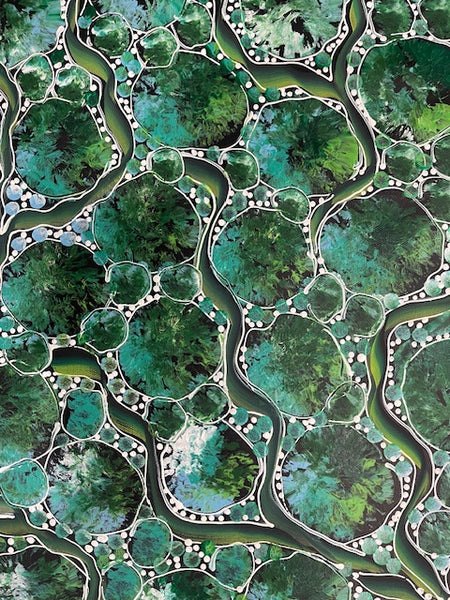 #172 Bush Yam Dreaming (Greens)- RACHAEL NAMBULA: Aboriginal Art 88cm x 150cm