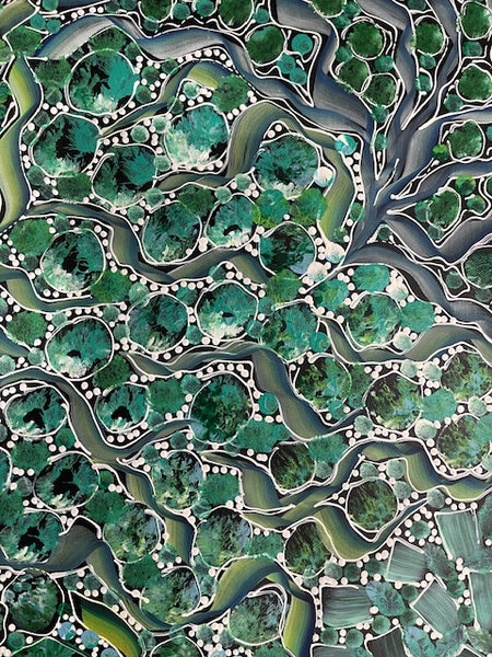 #172 Bush Yam Dreaming (Greens)- RACHAEL NAMBULA: Aboriginal Art 88cm x 150cm