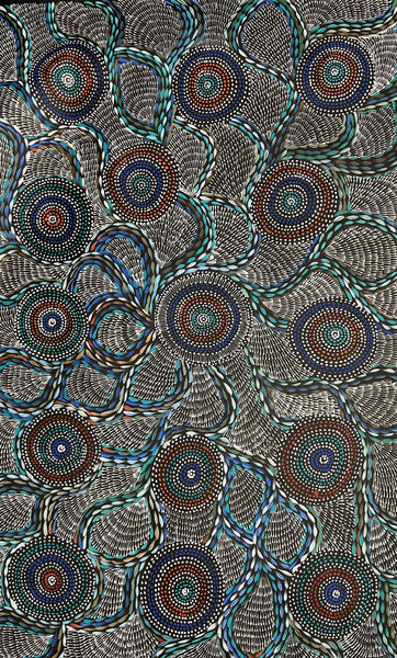 #327 Waterholes & Bush Medicine Leaves (Blues)  - SCOTT DUGGIE Aboriginal Art:  97cm x 154cm