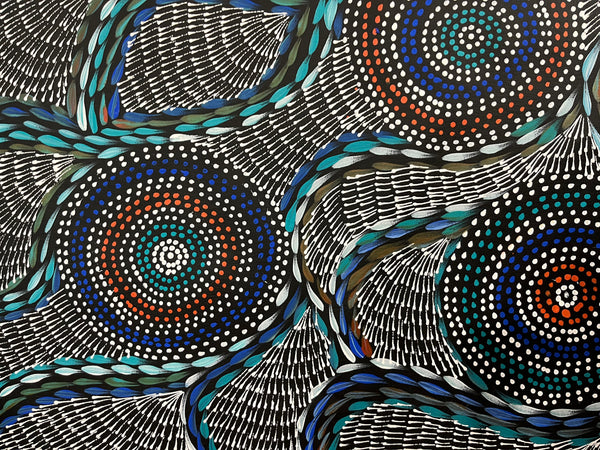 #327 Waterholes & Bush Medicine Leaves (Blues)  - SCOTT DUGGIE Aboriginal Art:  97cm x 154cm