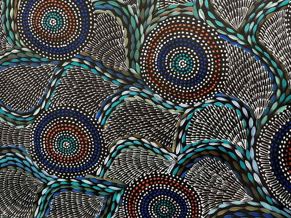 #327 Waterholes & Bush Medicine Leaves (Blues)  - SCOTT DUGGIE Aboriginal Art:  97cm x 154cm