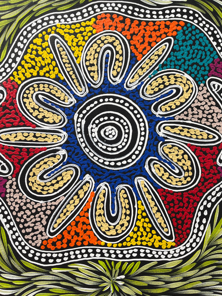 #163 Women collecting Bush Medicine and Food (Multi) - SHARON NUMINA : Aboriginal Art: 36x47cm