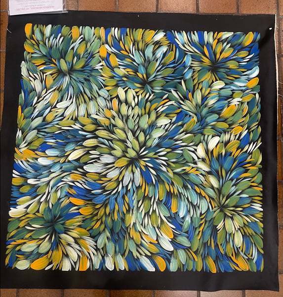 #219 Bush Medicine Leaves (Green/Blue/Orange)- SELINA NUMINA : Aboriginal Art: 93x93cm