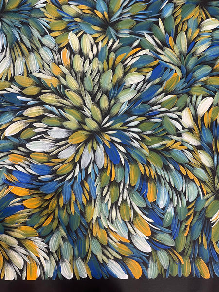 #219 Bush Medicine Leaves (Green/Blue/Orange)- SELINA NUMINA : Aboriginal Art: 93x93cm