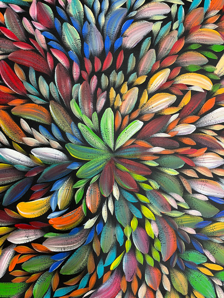 #133 Bush Medicine Leaves (Multi)- LOUISE NUMINA Aboriginal Art:  60cm x 136cm