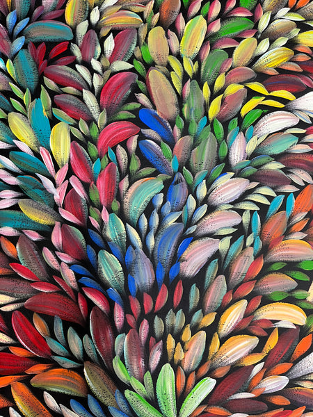 #133 Bush Medicine Leaves (Multi)- LOUISE NUMINA Aboriginal Art:  60cm x 136cm