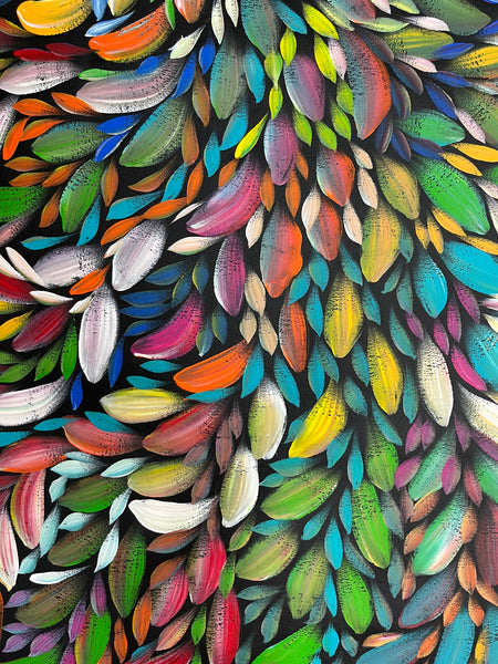 #133 Bush Medicine Leaves (Multi)- LOUISE NUMINA Aboriginal Art:  60cm x 136cm