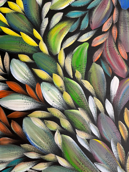 #240 Bush Medicine Leaves (Multi)- LOUISE NUMINA Aboriginal Art:  60cm x 133cm