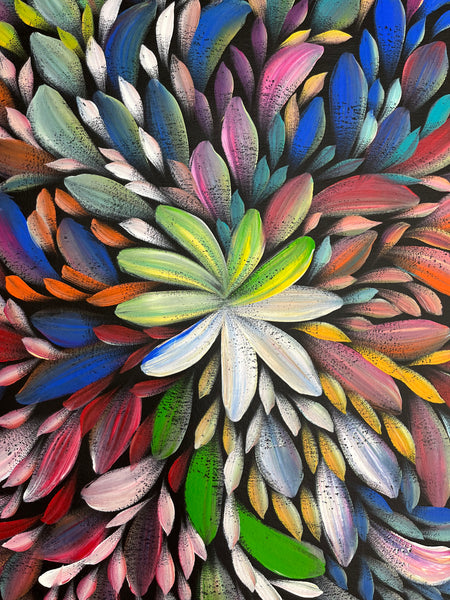#332 Bush Medicine Leaves (Multi)- LOUISE NUMINA Aboriginal Art:  60cm x 134cm