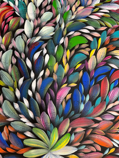 #332 Bush Medicine Leaves (Multi)- LOUISE NUMINA Aboriginal Art:  60cm x 134cm