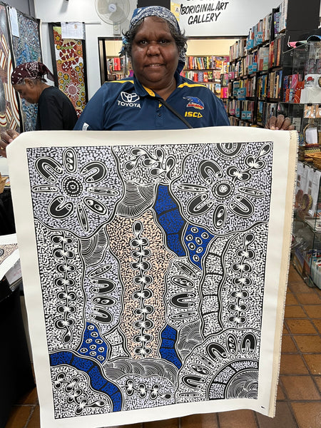 #364 My Country Dreaming (White/Blue) - SHARON NUMINA : Aboriginal Art 72cm x 92cm